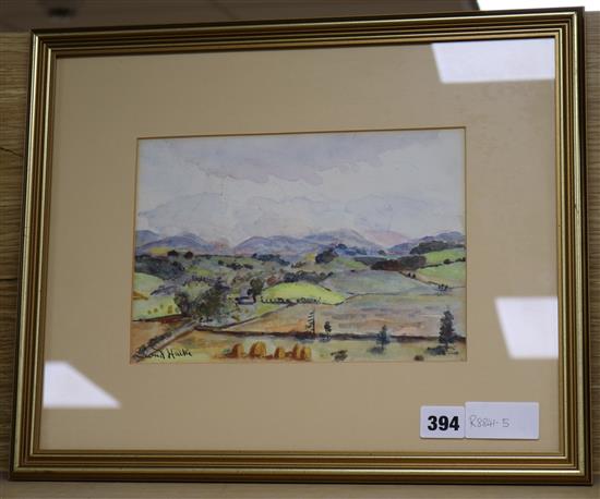 Claud Hulke, watercolour, extensive landscape, signed, 17 x 24cm